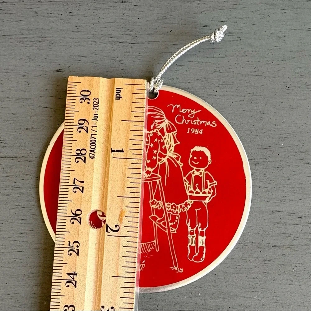 Vintage Holiday Christmas Ornament Red Round 1984 Boy Girl Christmas Tree